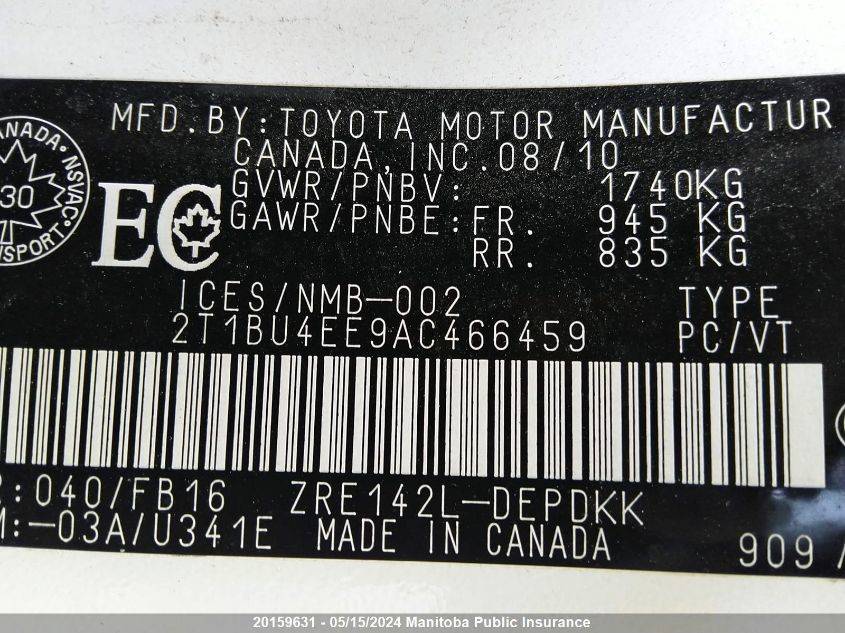 2010 Toyota Corolla Ce VIN: 2T1BU4EE9AC466459 Lot: 20159631