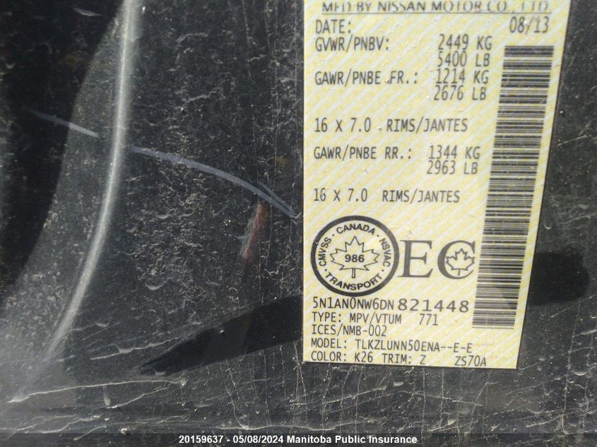 2013 Nissan Xterra Pro-4X VIN: 5N1AN0NW6DN821448 Lot: 20159637