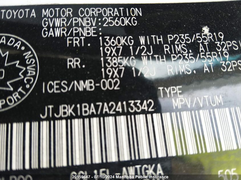 2010 Lexus Rx350 VIN: JTJBK1BA7A2413342 Lot: 20159647