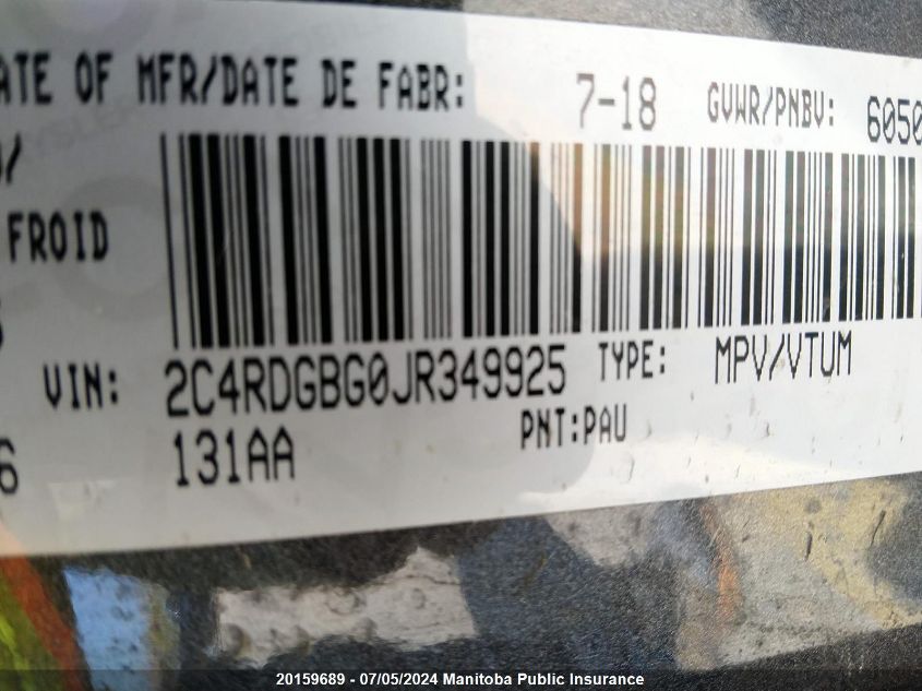 2018 Dodge Grand Caravan Se VIN: 2C4RDGBG0JR349925 Lot: 20159689