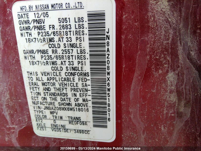 2006 Nissan Murano Se VIN: JN8AZ08WX6W518016 Lot: 20159699