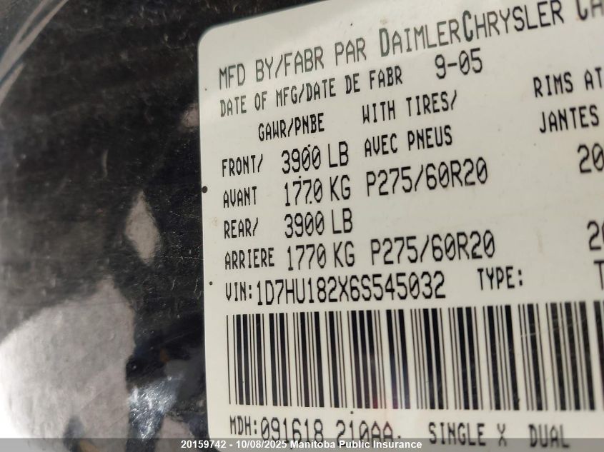 2006 Dodge Ram 1500 Laramie VIN: 1D7HU182X6S545032 Lot: 20159742
