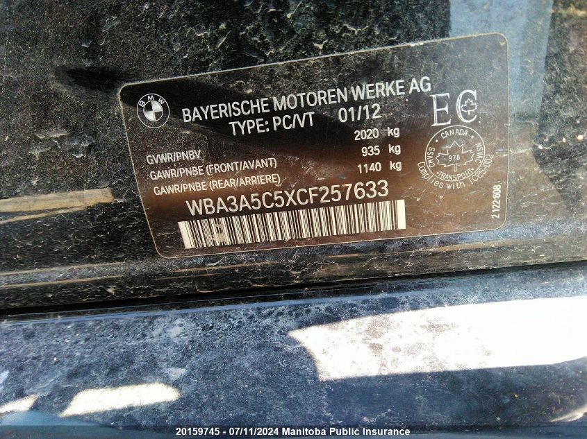 2012 BMW 328I VIN: WBA3A5C5XCF257633 Lot: 20159745