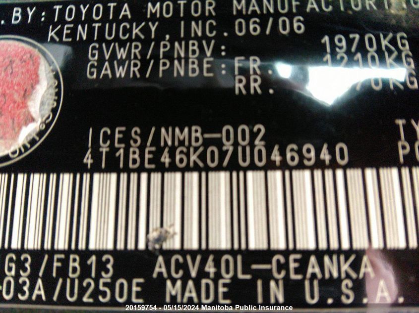 2007 Toyota Camry Le VIN: 4T1BE46K07U046940 Lot: 20159754