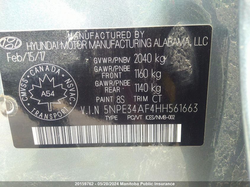2017 Hyundai Sonata Sport VIN: 5NPE34AF4HH561663 Lot: 20159762