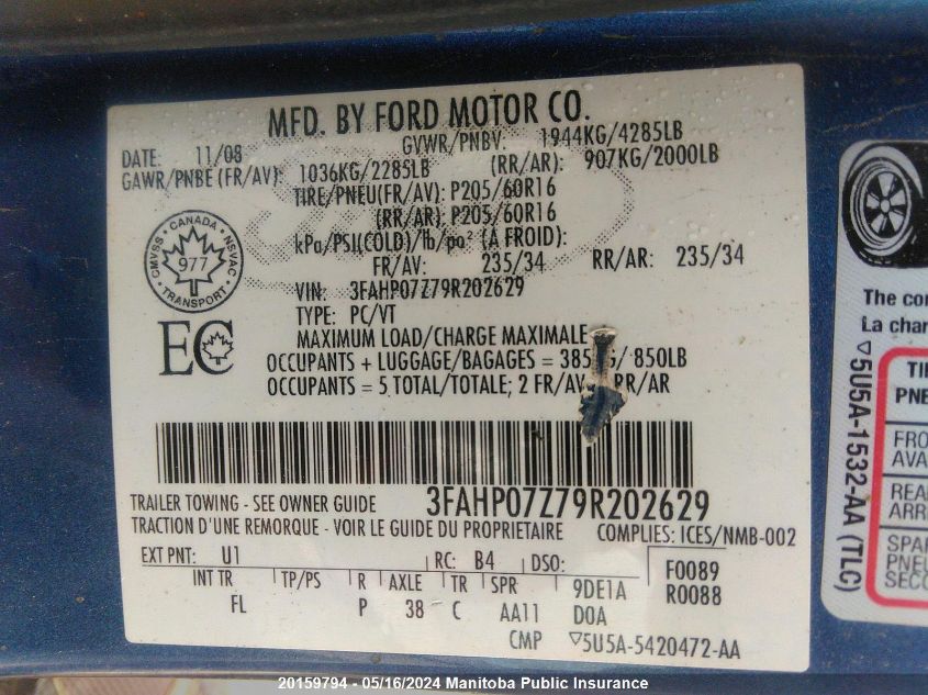 2009 Ford Fusion Se VIN: 3FAHP07Z79R202629 Lot: 20159794