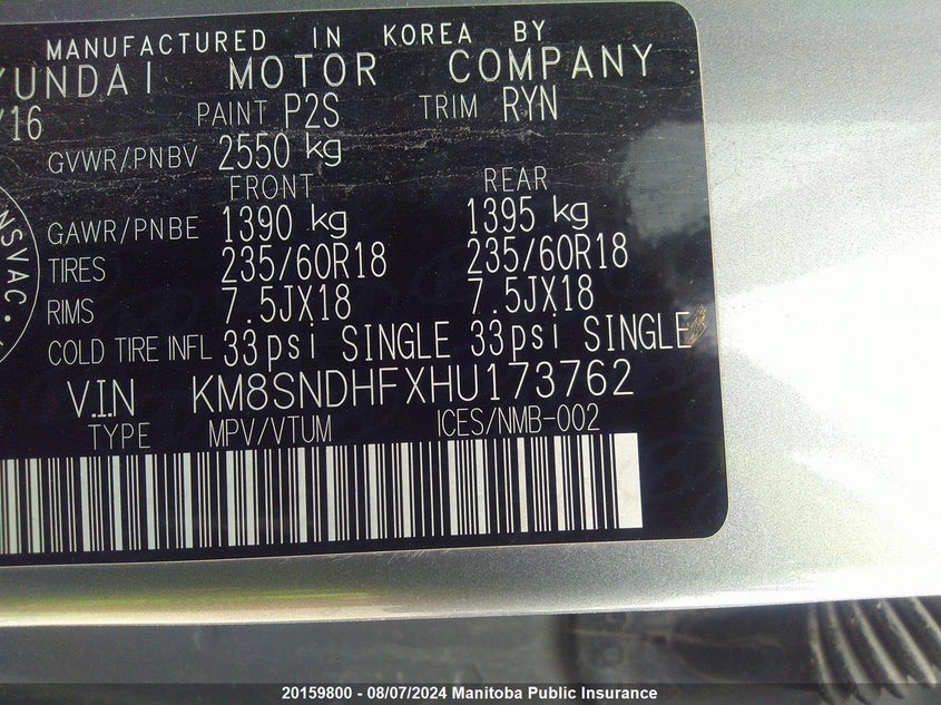 2017 Hyundai Santa Fe Xl VIN: KM8SNDHFXHU173762 Lot: 20159800