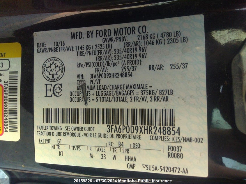 2017 Ford Fusion Titanium VIN: 3FA6P0D9XHR248854 Lot: 20159826