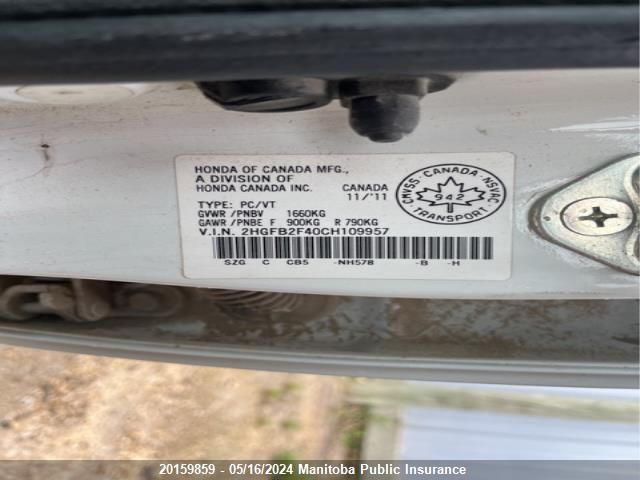 2012 Honda Civic Lx VIN: 2HGFB2F40CH109957 Lot: 20159859