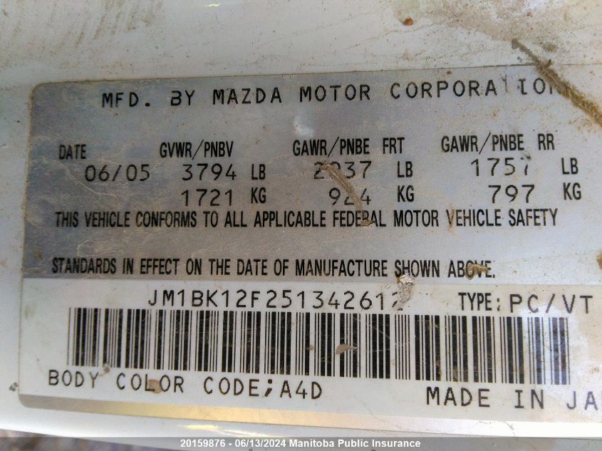 2005 Mazda Mazda3 Gs VIN: JM1BK12F251342612 Lot: 20159876