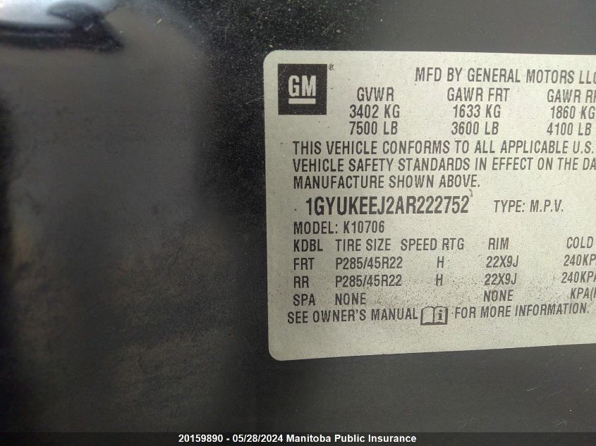 2010 Cadillac Escalade Hybrid VIN: 1GYUKEEJ2AR222752 Lot: 20159890