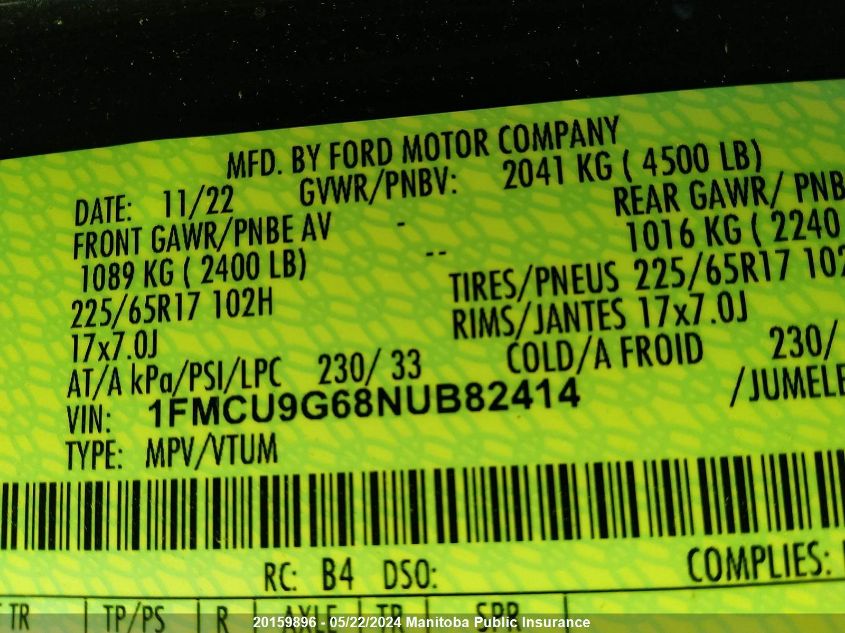 2022 Ford Escape Se VIN: 1FMCU9G68NUB82414 Lot: 20159896