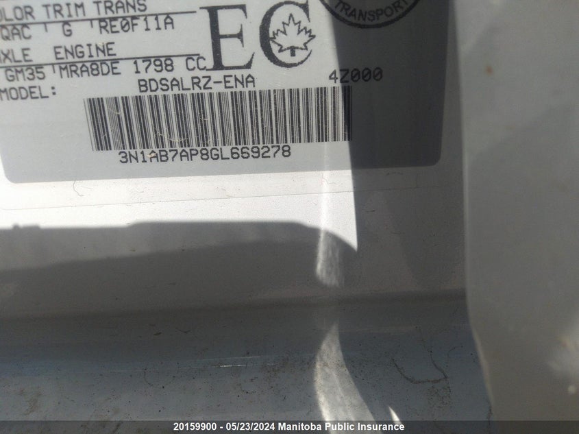 2016 Nissan Sentra 1.8 Sr VIN: 3N1AB7AP8GL669278 Lot: 20159900