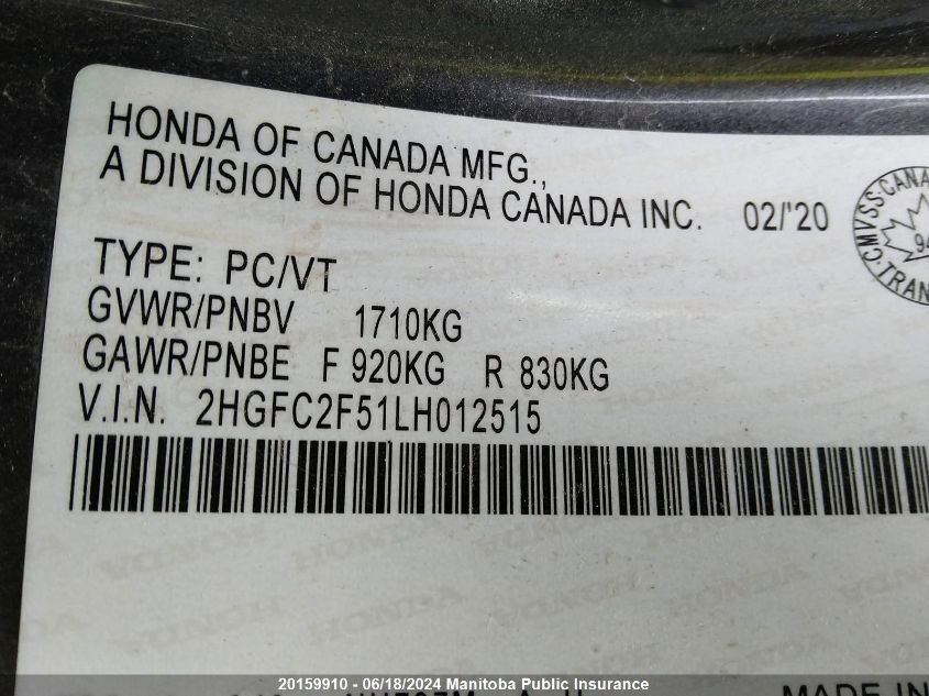 2020 Honda Civic Lx VIN: 2HGFC2F51LH012515 Lot: 20159910