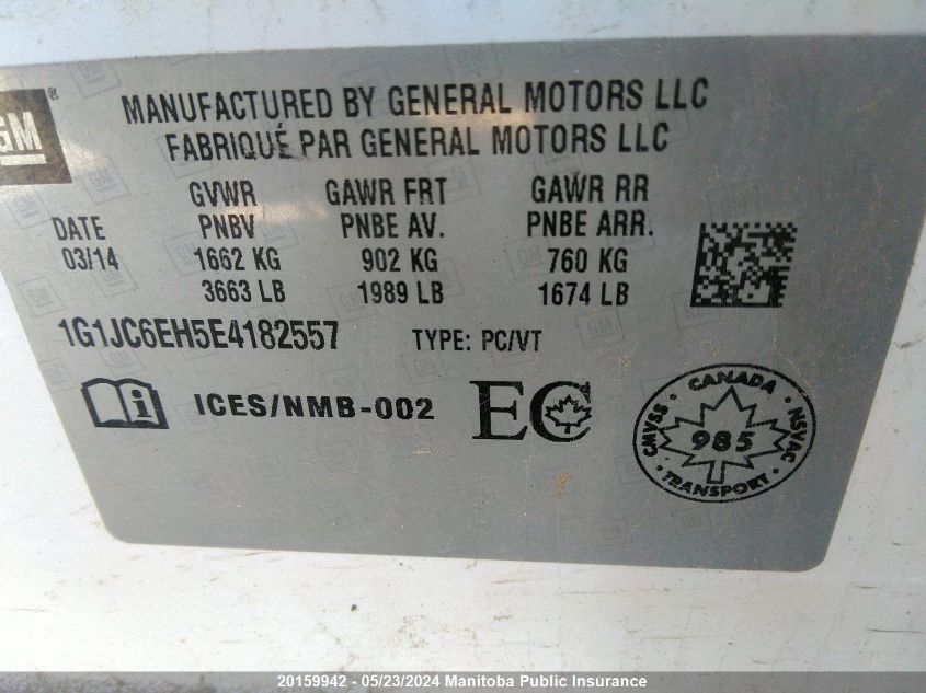2014 Chevrolet Sonic Lt VIN: 1G1JC6EH5E4182557 Lot: 20159942