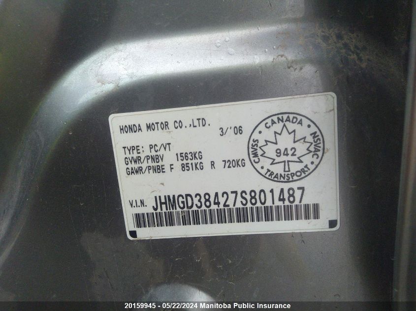 2007 Honda Fit Lx VIN: JHMGD38427S801487 Lot: 20159945