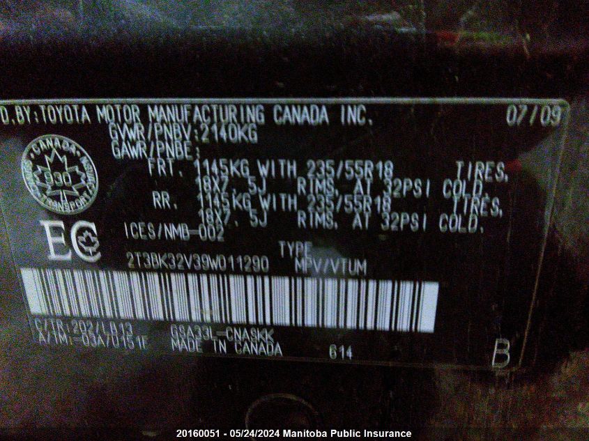 2009 Toyota Rav4 Sport V6 VIN: 2T3BK32V39W011290 Lot: 20160051