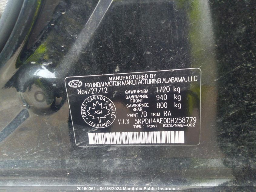 2013 Hyundai Elantra Gl VIN: 5NPDH4AE0DH258779 Lot: 20160061