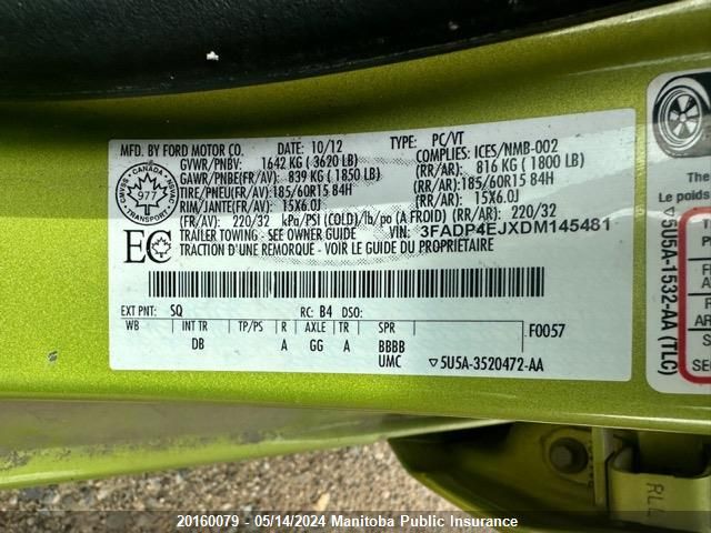 2013 Ford Fiesta S VIN: 3FADP4EJXDM145481 Lot: 20160079