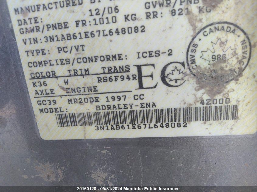 2007 Nissan Sentra 2.0 S VIN: 3N1AB61E67L648082 Lot: 20160120