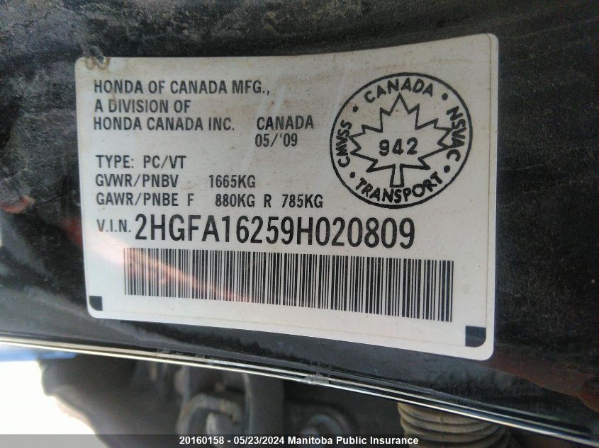 2009 Honda Civic Dx VIN: 2HGFA16259H020809 Lot: 20160158