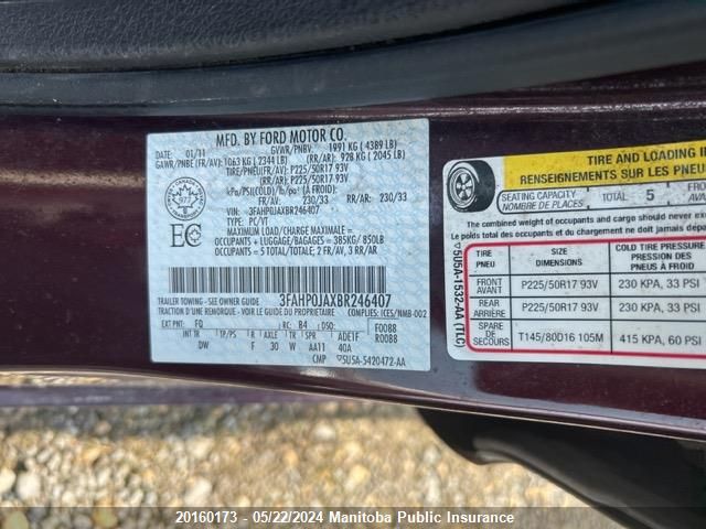 2011 Ford Fusion Sel VIN: 3FAHP0JAXBR246407 Lot: 20160173