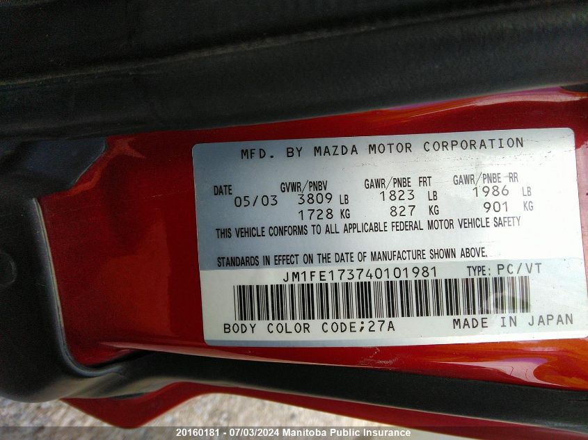 2004 Mazda Rx 8 Gs VIN: JM1FE173740101981 Lot: 20160181