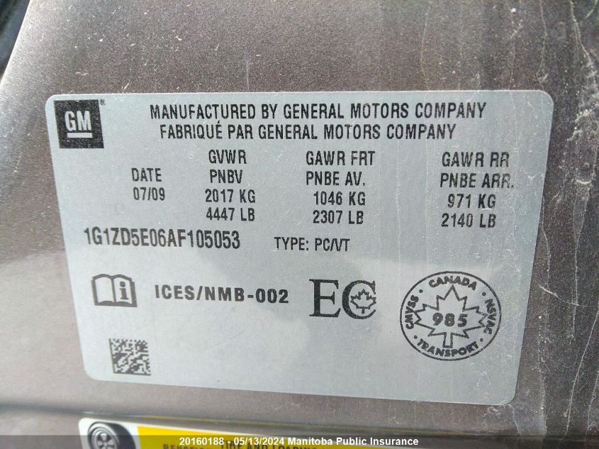 2010 Chevrolet Malibu Lt VIN: 1G1ZD5E06AF105053 Lot: 20160188