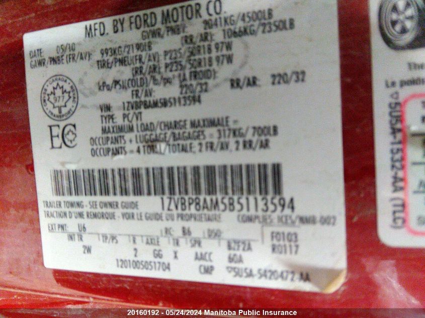 2011 Ford Mustang VIN: 1ZVBP8AM5B5113594 Lot: 20160192