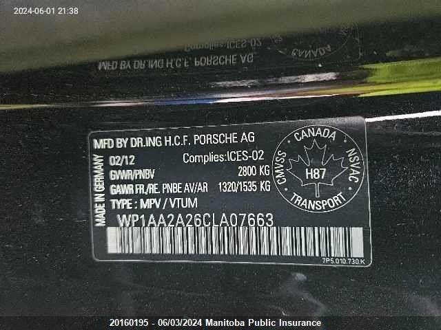 2012 Porsche Cayenne V6 VIN: WP1AA2A26CLA07663 Lot: 20160195