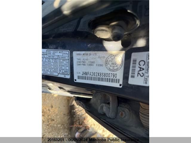 2008 Honda Civic Hybrid VIN: JHMFA362X8S800790 Lot: 20160201