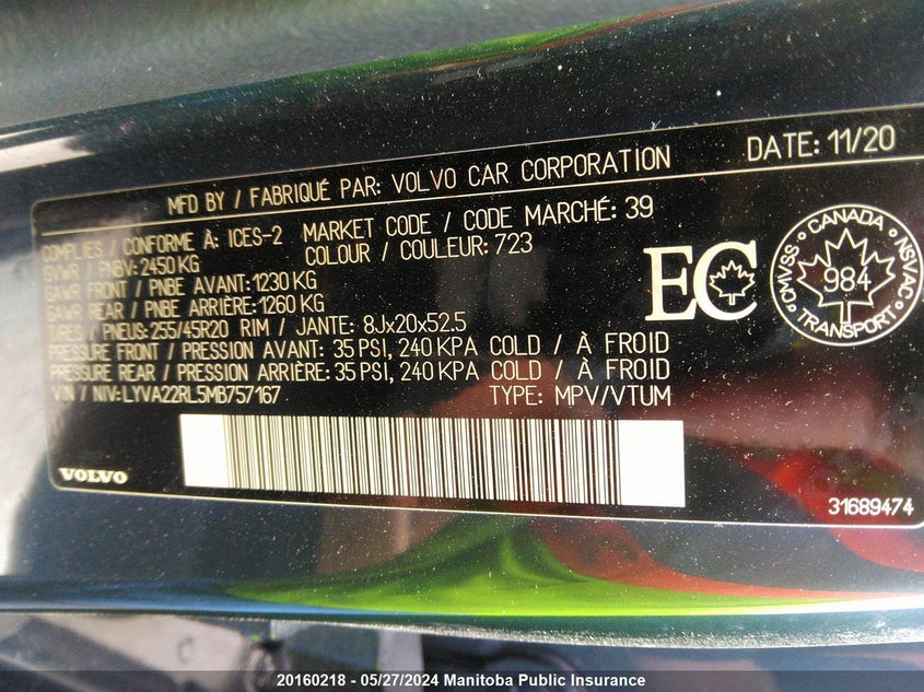 2021 Volvo Xc60 Inscription T6 VIN: LYVA22RL5MB757167 Lot: 20160218