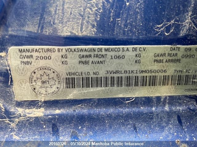 2009 Volkswagen Jetta 2.0 Tdi VIN: 3VWRL81K19M050006 Lot: 20160326