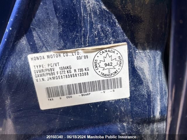 2009 Honda Fit Sport VIN: JHMGE87839S813388 Lot: 20160340