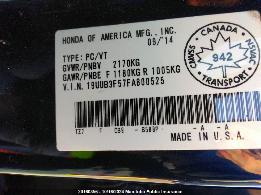 2015 Acura Tlx V6 VIN: 19UUB3F57FA800525 Lot: 20160356