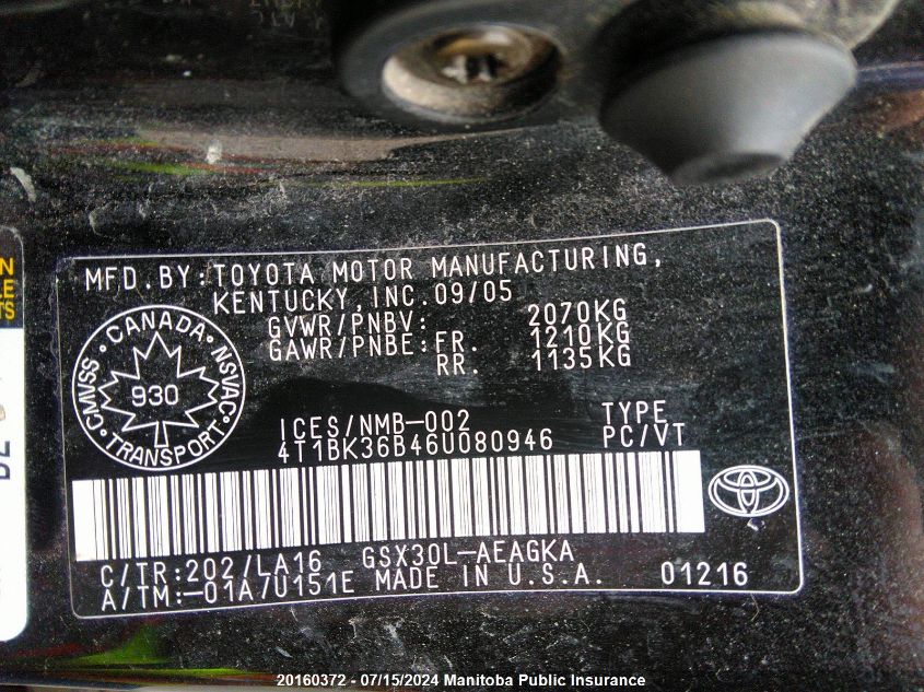 2006 Toyota Avalon Xls VIN: 4T1BK36B46U080946 Lot: 20160372