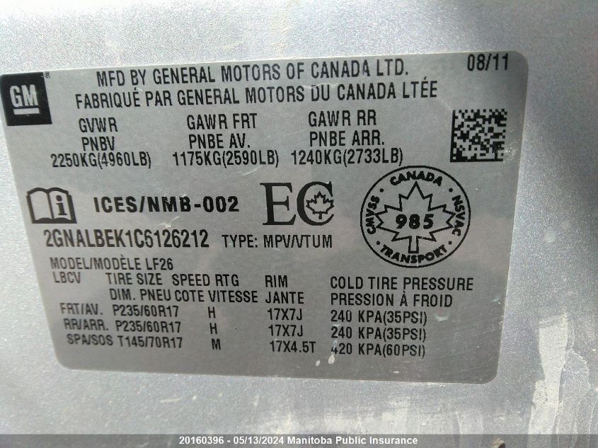 2012 Chevrolet Equinox Ls VIN: 2GNALBEK1C6126212 Lot: 20160396