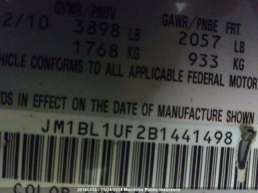 2011 Mazda Mazda3 Gx VIN: JM1BL1UF2B1441498 Lot: 20160403