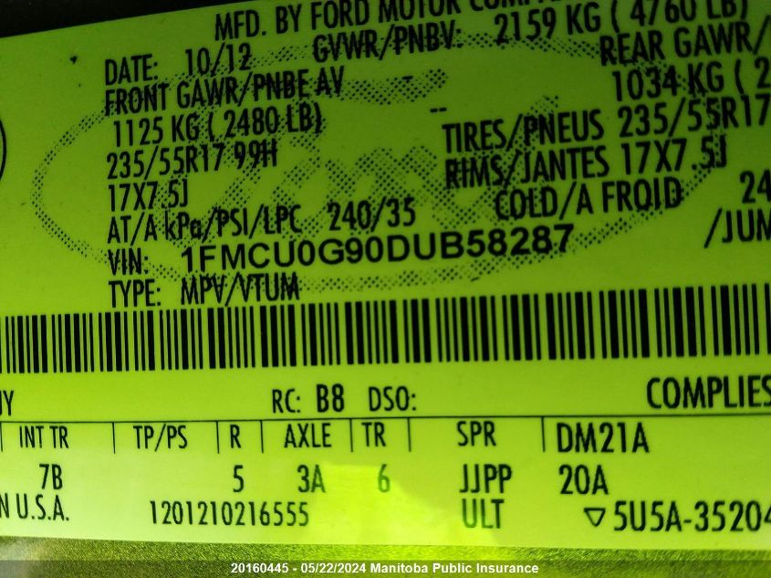 2013 Ford Escape Se VIN: 1FMCU0G90DUB58287 Lot: 20160445