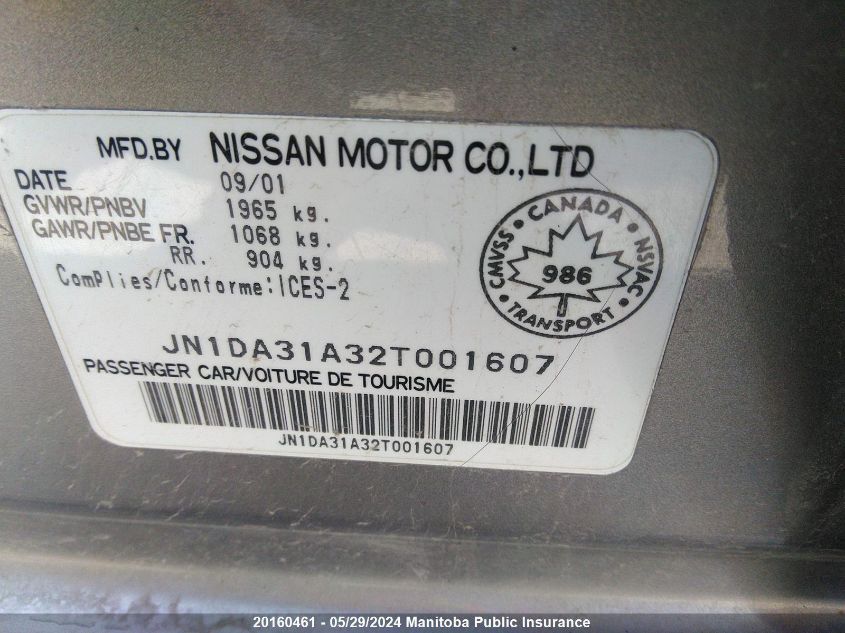 2002 Nissan Maxima Gle VIN: JN1DA31A32T001607 Lot: 20160461