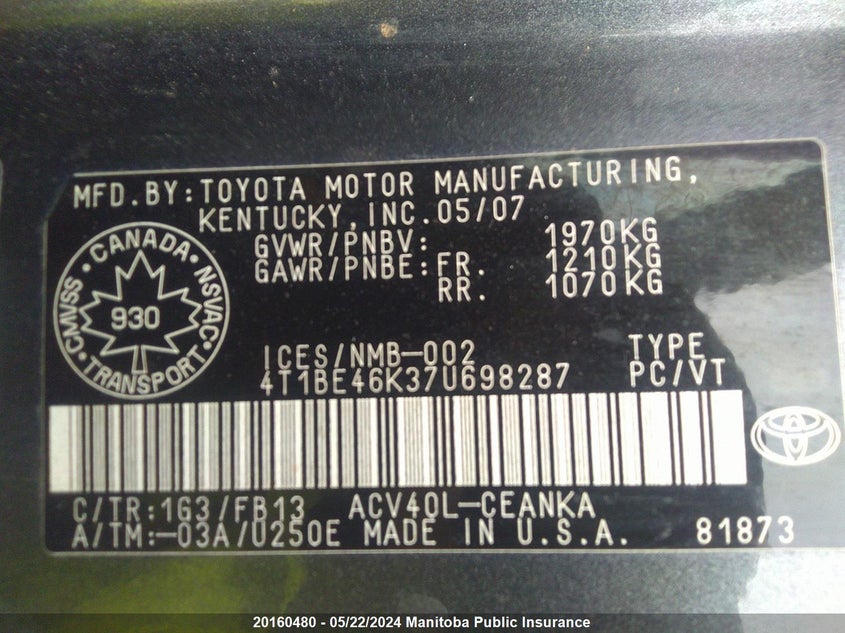 2007 Toyota Camry Le VIN: 4T1BE46K37U698287 Lot: 20160480