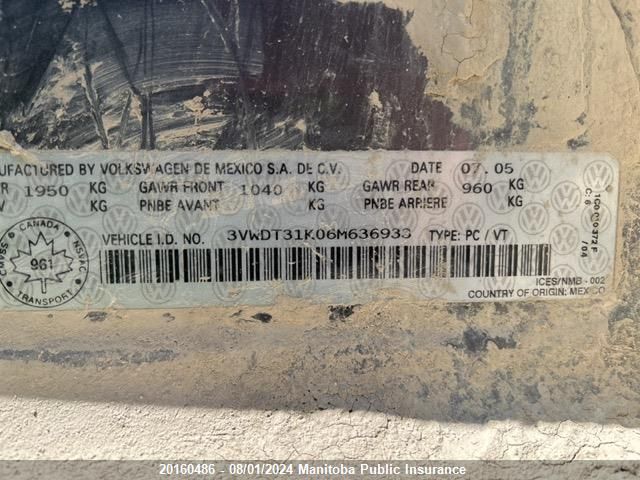2006 Volkswagen Jetta Gls Tdi VIN: 3VWDT31K06M636933 Lot: 20160486