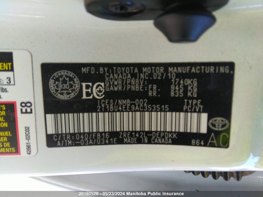 2010 Toyota Corolla Ce VIN: 2T1BU4EE9AC353515 Lot: 20160528