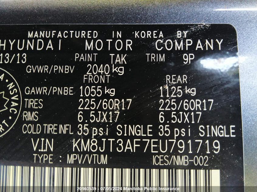 2014 Hyundai Tucson Gl VIN: KM8JT3AF7EU791719 Lot: 20160539