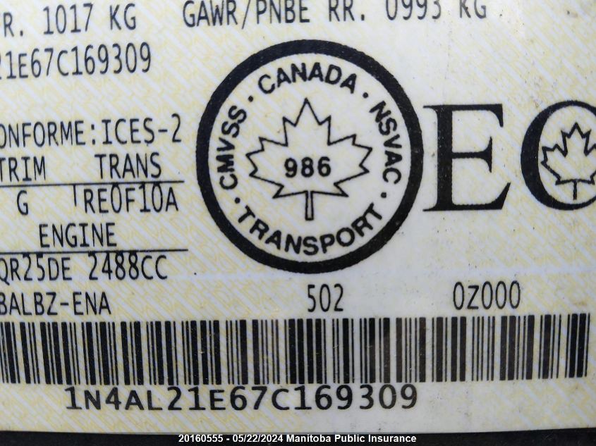 2007 Nissan Altima 2.5 S VIN: 1N4AL21E67C169309 Lot: 20160555