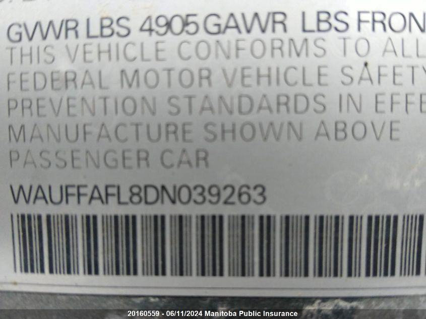 2013 Audi A4 2.0T Quattro VIN: WAUFFAFL8DN039263 Lot: 20160559