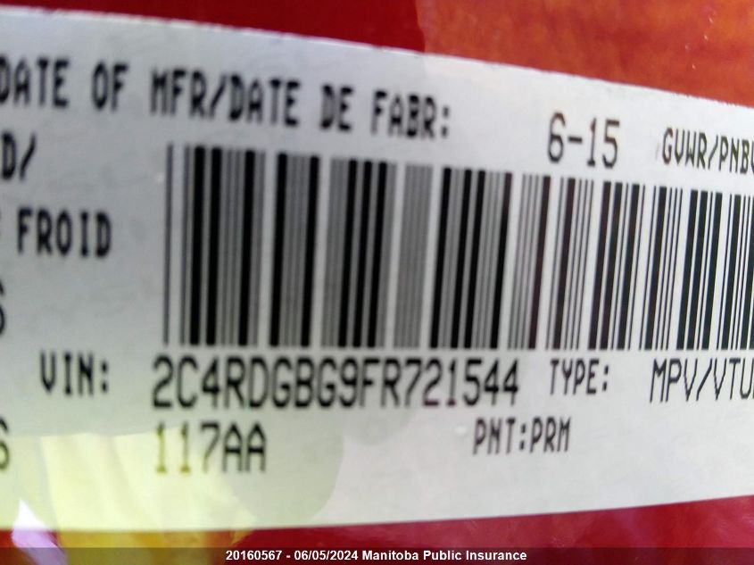 2015 Dodge Grand Caravan Crew VIN: 2C4RDGBG9FR721544 Lot: 20160567
