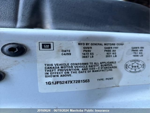 1999 Chevrolet Cavalier Ls VIN: 1G1JF5247X7281563 Lot: 20160624