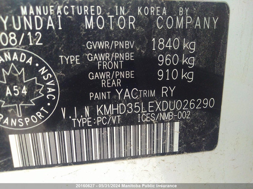 2013 Hyundai Elantra Gt Gl VIN: KMHD35LEXDU026290 Lot: 20160627
