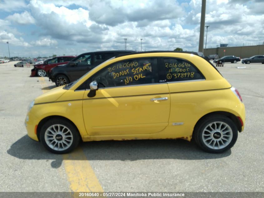 2012 Fiat 500 C Lounge VIN: 3C3CFFER2CT378998 Lot: 20160640